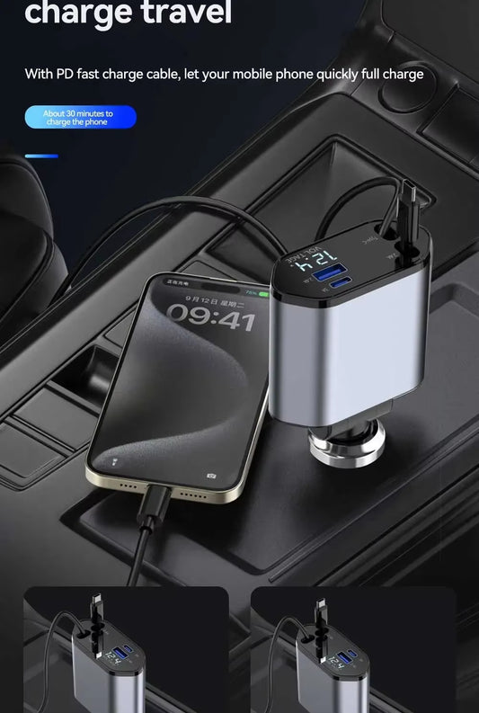 Retractable Car Charger 120W Fast Charger, 4-In-1 Fast Charging Car Phone Charger